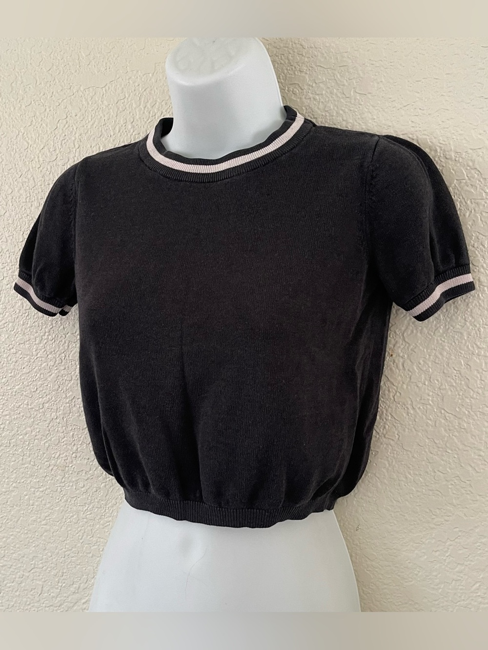 Brandy Melville Black Short Sleeve Knit‎ Top White Striped Trim Women's Size S
